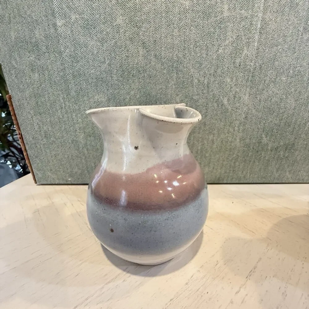 VTG Alewine Pottery Hand Thrown Glazed Pitcher Creamer 5.5” Pastel Pink Blue EUC